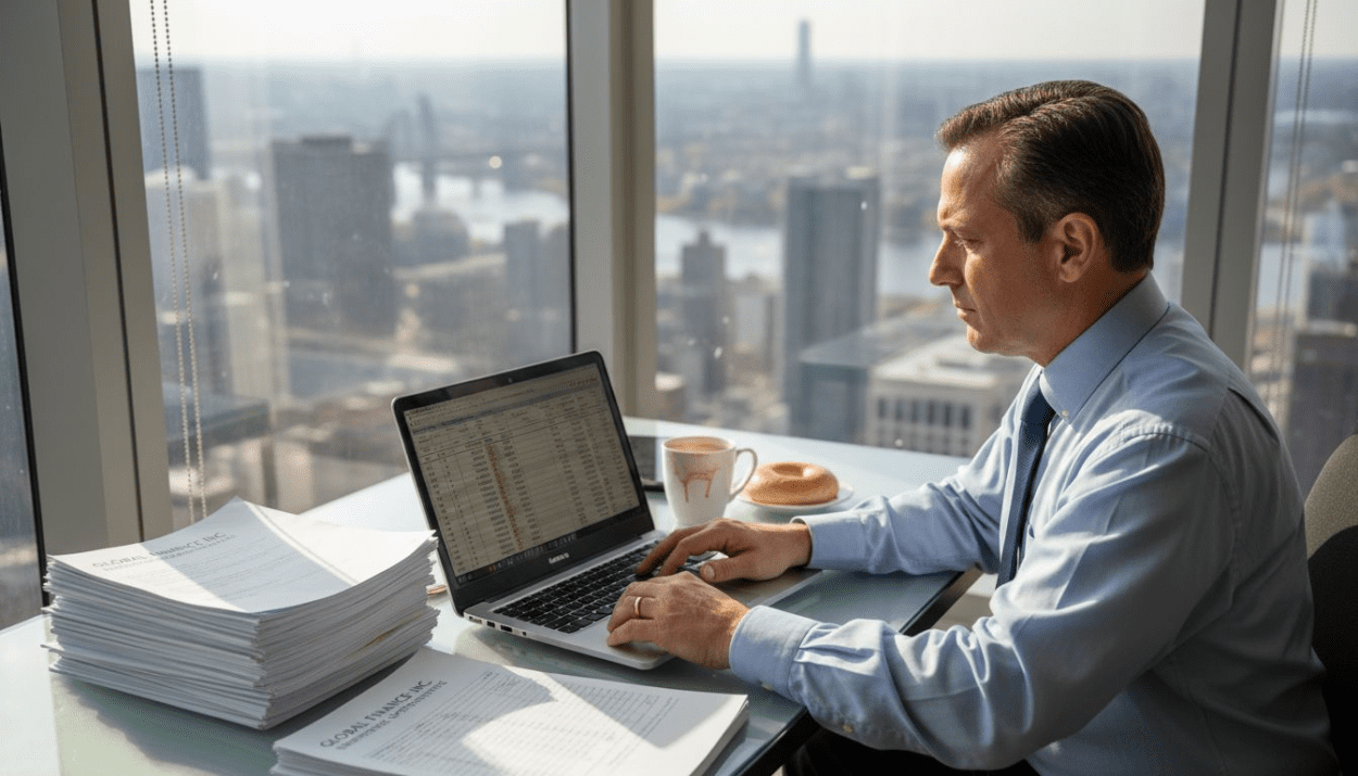 Investor reviewing spreadsheet in corner office