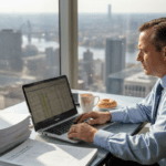 Investor reviewing spreadsheet in corner office