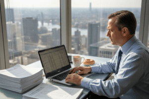 Investor reviewing spreadsheet in corner office
