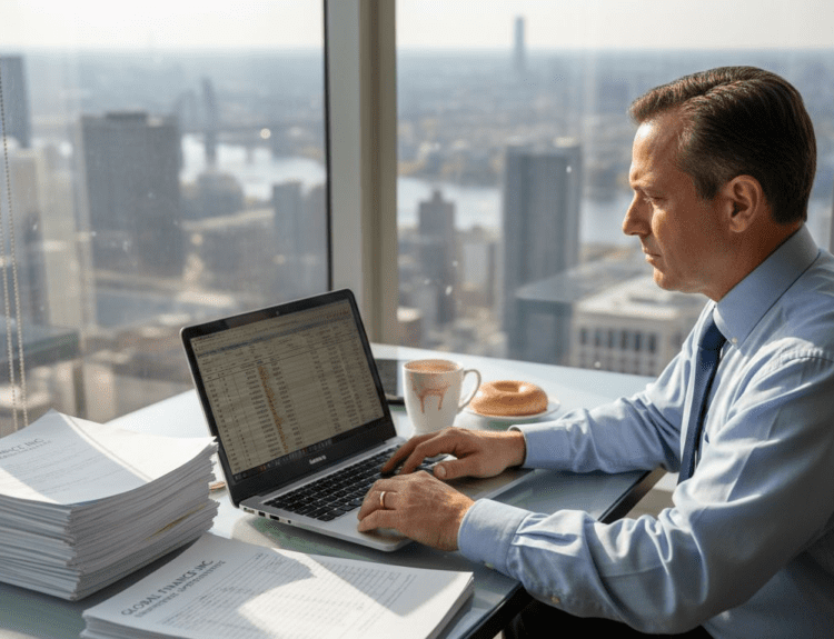 Investor reviewing spreadsheet in corner office