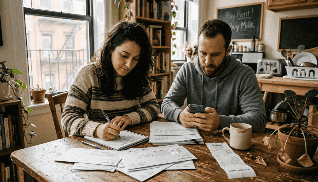 Couple sorting bills at kitchen table