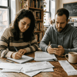 Couple sorting bills at kitchen table