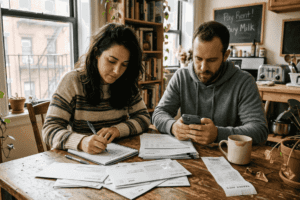 Couple sorting bills at kitchen table