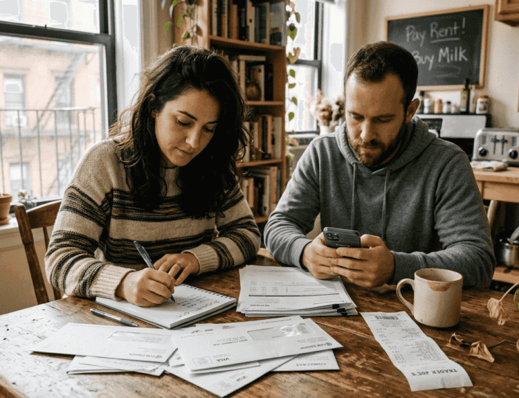 Couple sorting bills at kitchen table