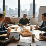 Diverse group meeting in corner office