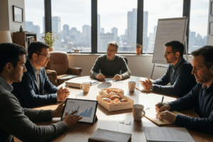 Diverse group meeting in corner office