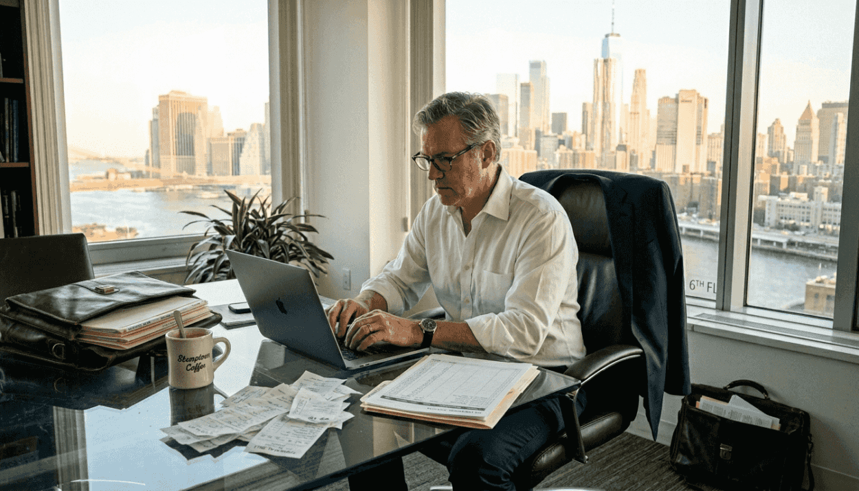 Businessman tracking expenses in corner office