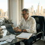 Businessman tracking expenses in corner office