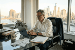 Businessman tracking expenses in corner office