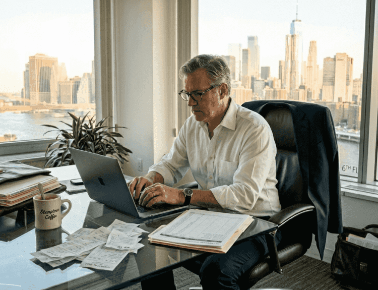 Businessman tracking expenses in corner office