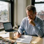 Investor reviewing portfolio in busy office