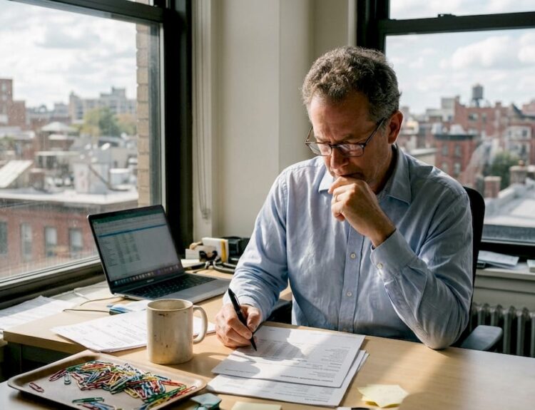Investor reviewing portfolio in busy office