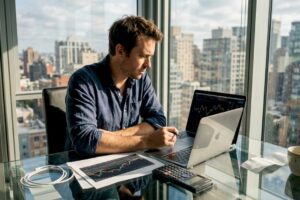 Man updating investment charts in sunlit office