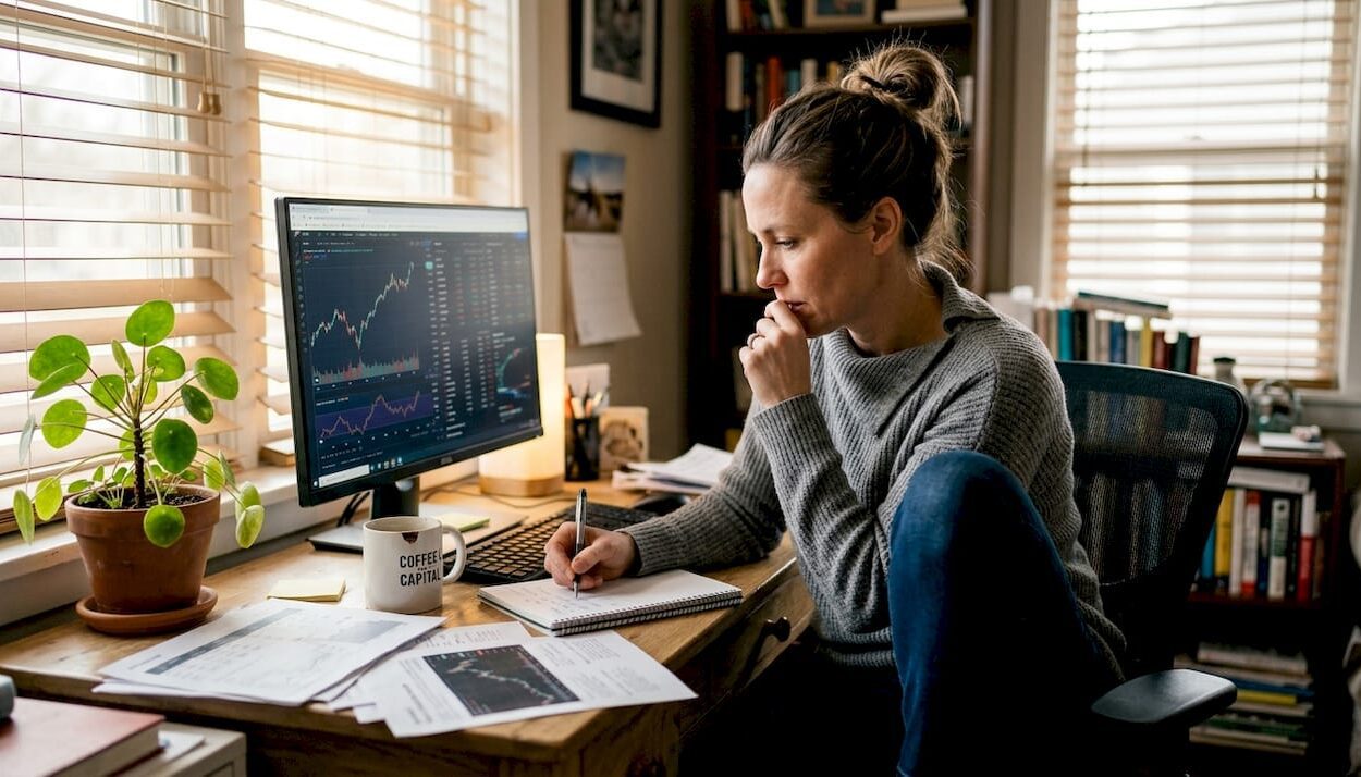Analyst at home office studying stock charts