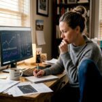 Analyst at home office studying stock charts