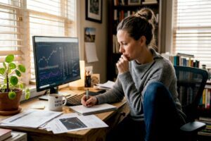 Analyst at home office studying stock charts