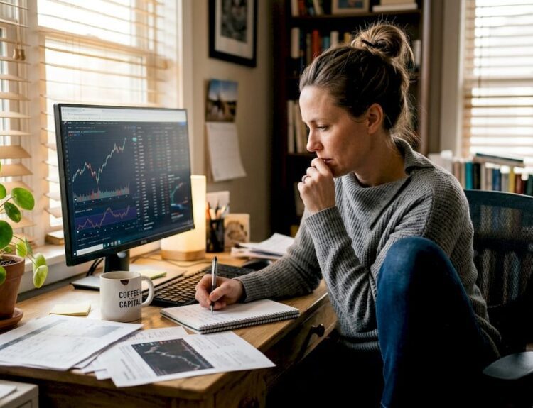 Analyst at home office studying stock charts