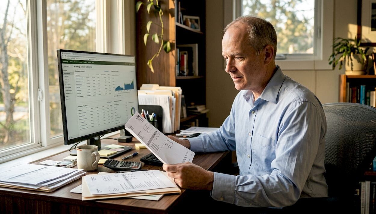 Man reviewing dividend stocks at home