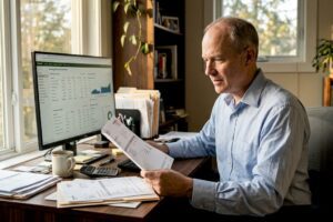 Man reviewing dividend stocks at home
