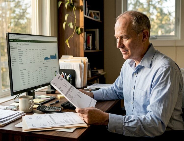 Man reviewing dividend stocks at home