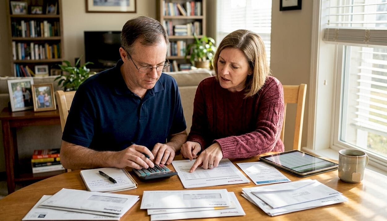 Couple reviewing retirement finances at home table
