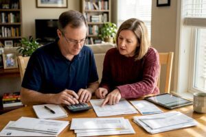 Couple reviewing retirement finances at home table