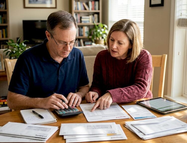 Couple reviewing retirement finances at home table