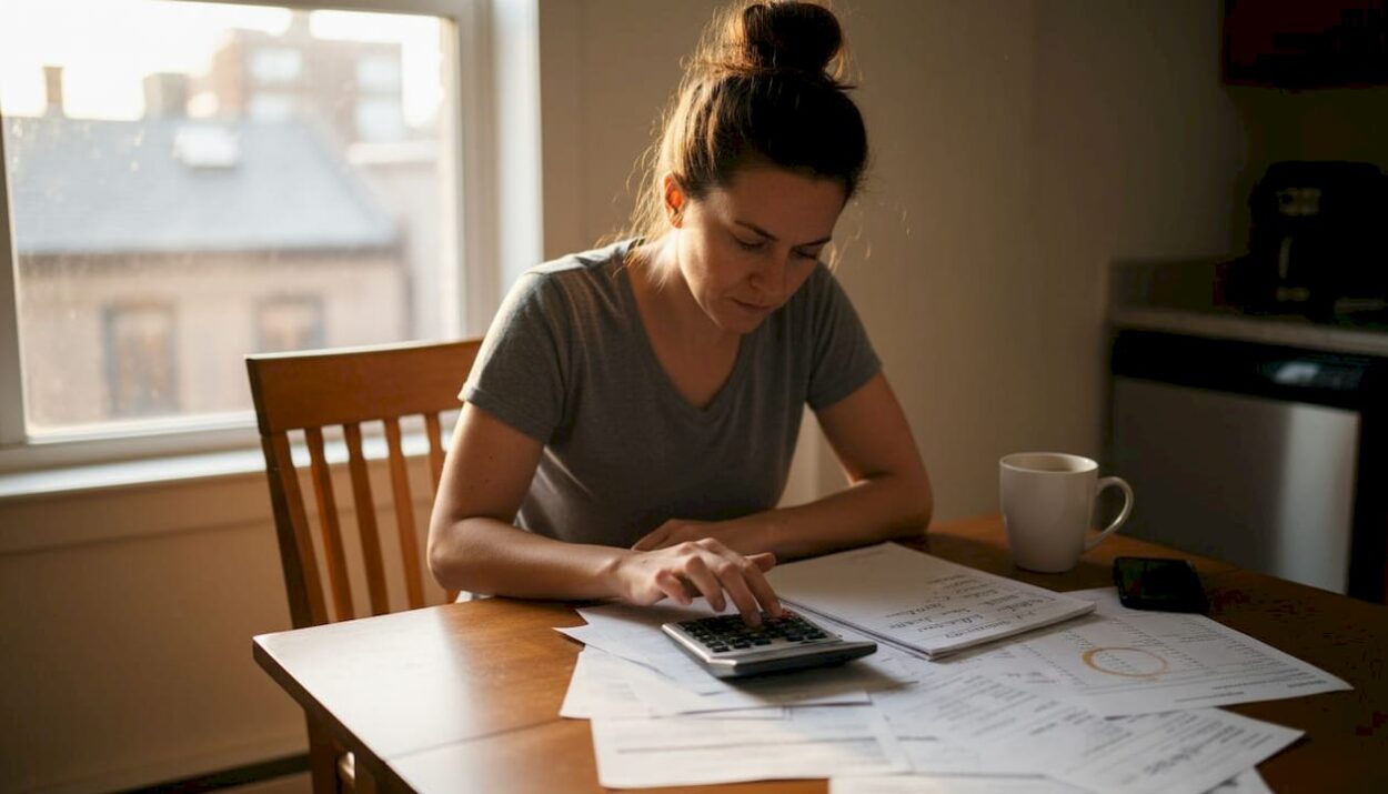 Woman budgeting at kitchen table in morning