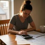 Woman budgeting at kitchen table in morning