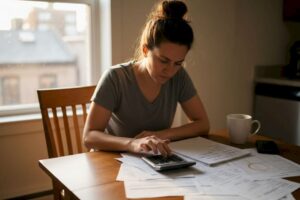 Woman budgeting at kitchen table in morning