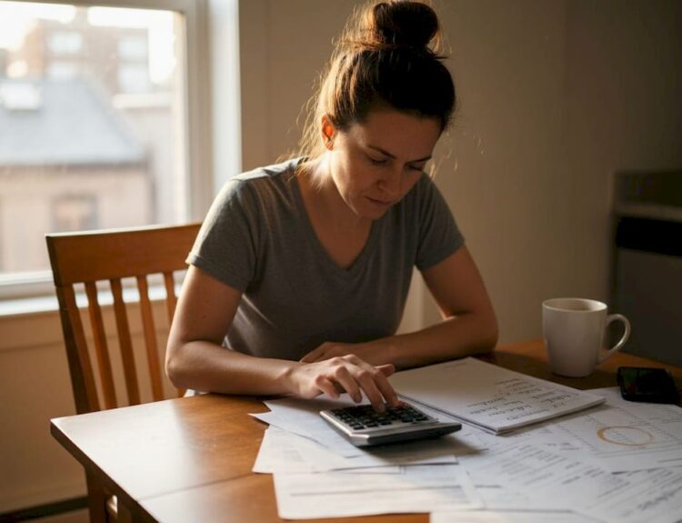 Woman budgeting at kitchen table in morning