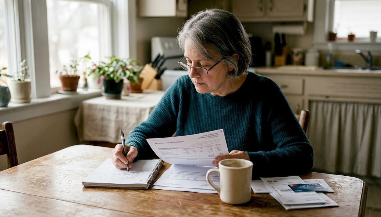 Woman planning retirement finances at kitchen table