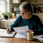 Woman planning retirement finances at kitchen table