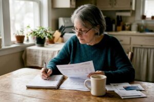Woman planning retirement finances at kitchen table