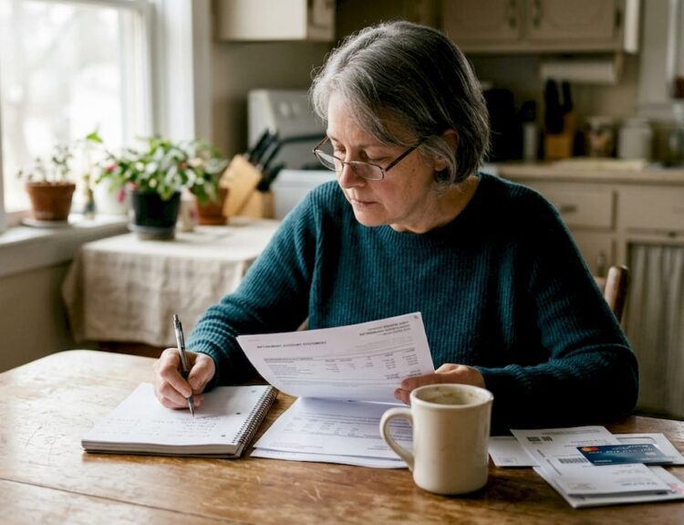 Woman planning retirement finances at kitchen table