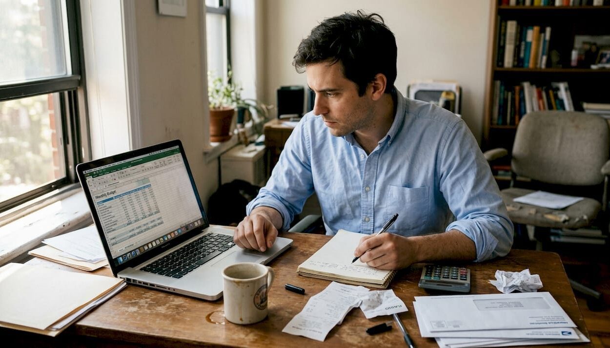Person reviewing finances in casual home office