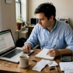 Person reviewing finances in casual home office