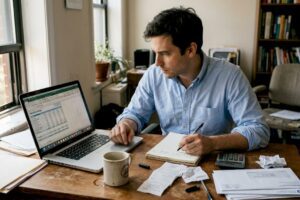 Person reviewing finances in casual home office