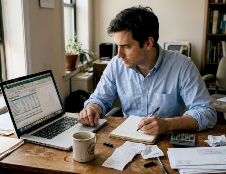 Person reviewing finances in casual home office