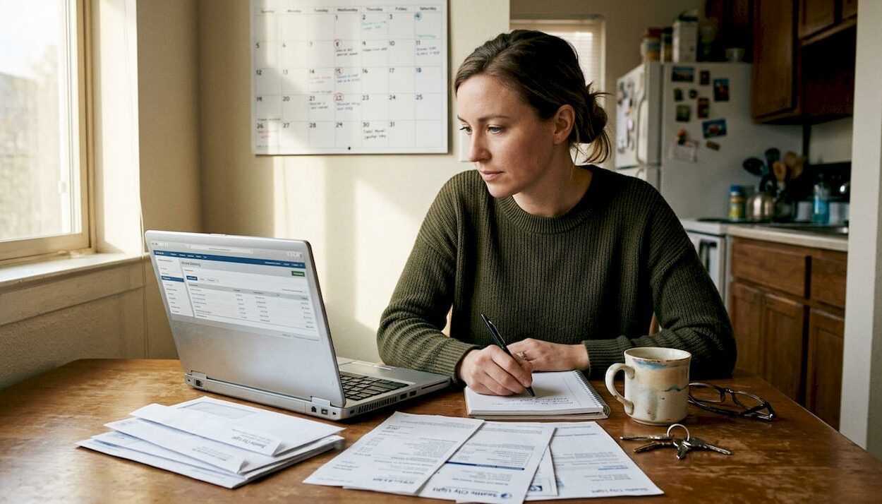 Woman reviewing finances at kitchen table