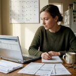 Woman reviewing finances at kitchen table