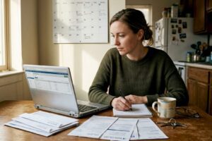 Woman reviewing finances at kitchen table