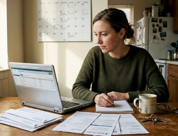 Woman reviewing finances at kitchen table