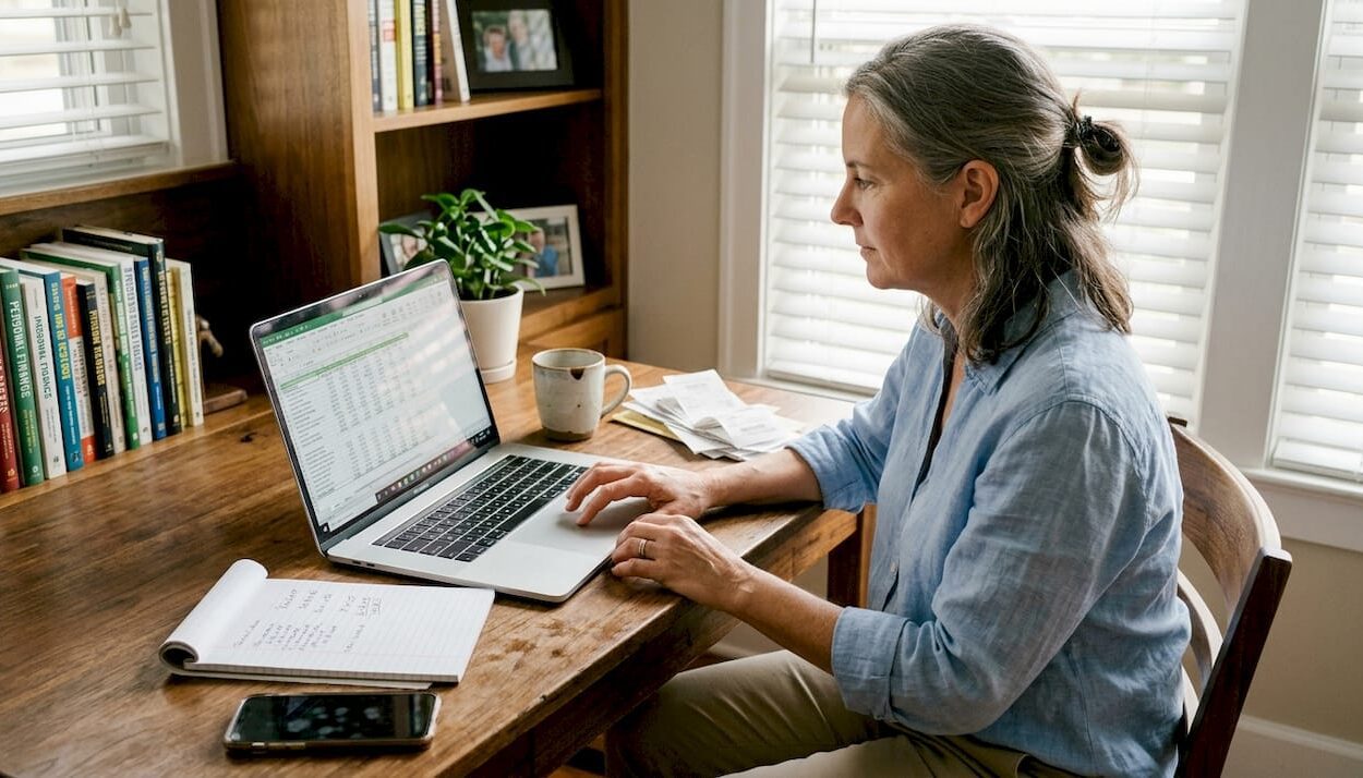 Woman updating finances in home office