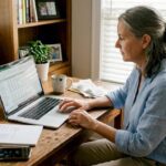 Woman updating finances in home office