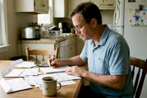 Man reviewing bills in casual home setting