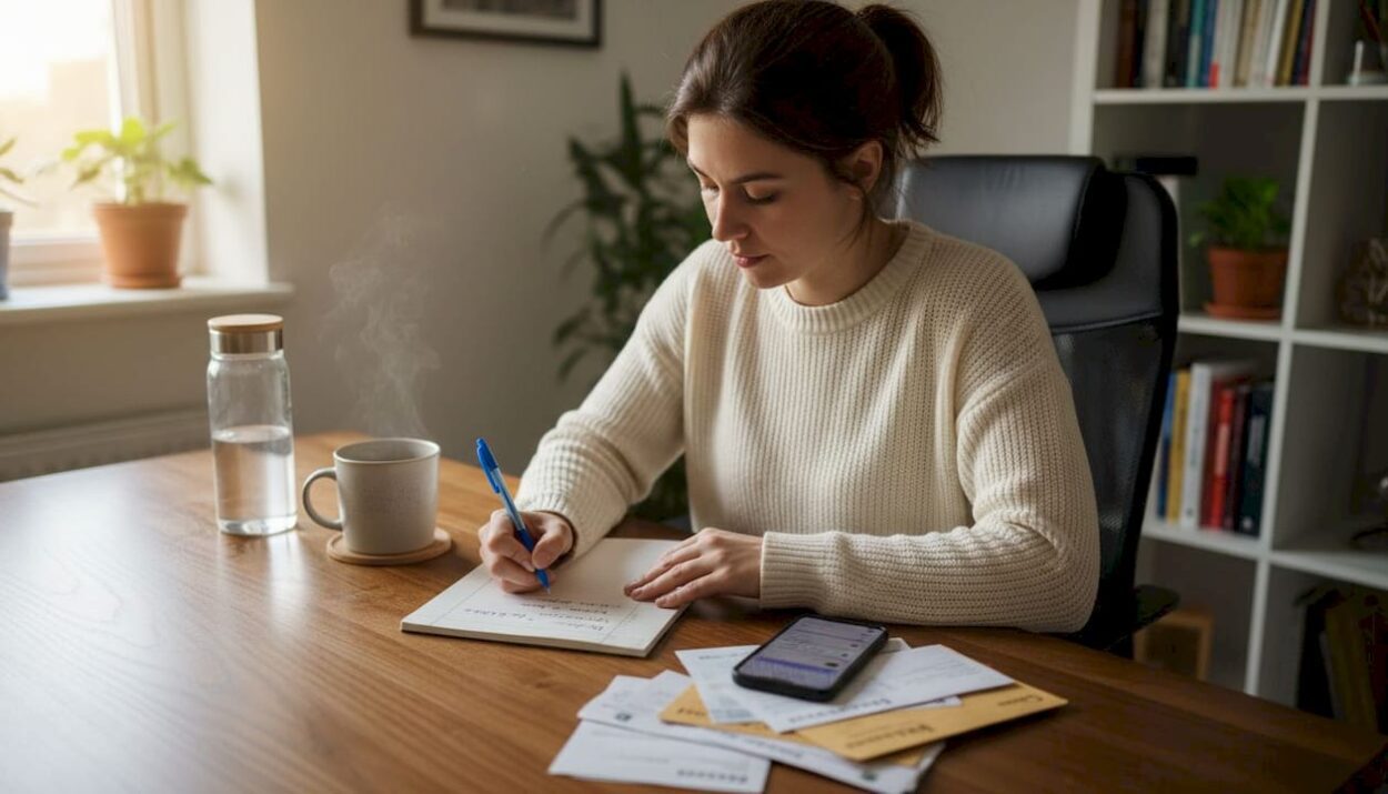 Woman writing financial goals at home desk