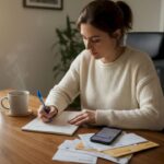 Woman writing financial goals at home desk