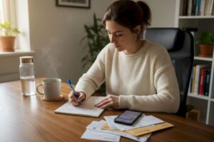 Woman writing financial goals at home desk