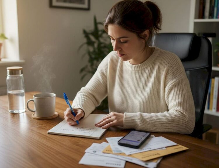 Woman writing financial goals at home desk
